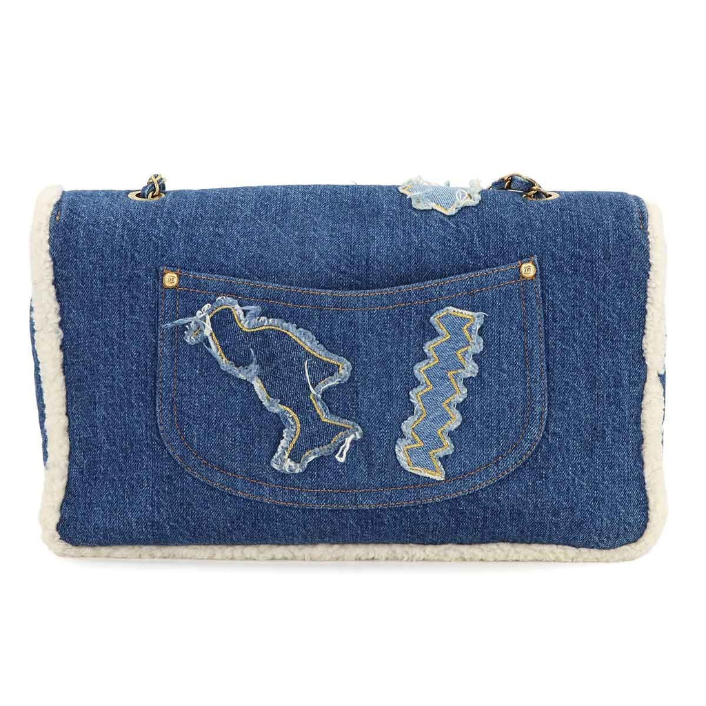 Chanel Egypt Chain Shoulder Bag Denim Shearling Blue Gold — view 3