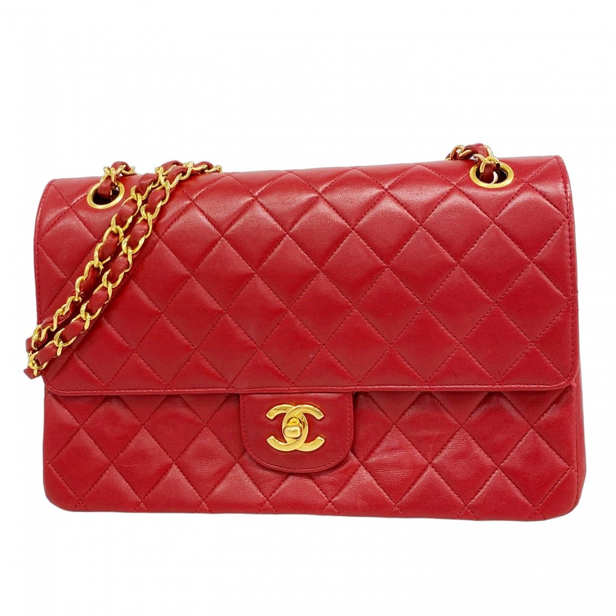 Chanel Shoulder Bag Quilted Lambskin Red Gold