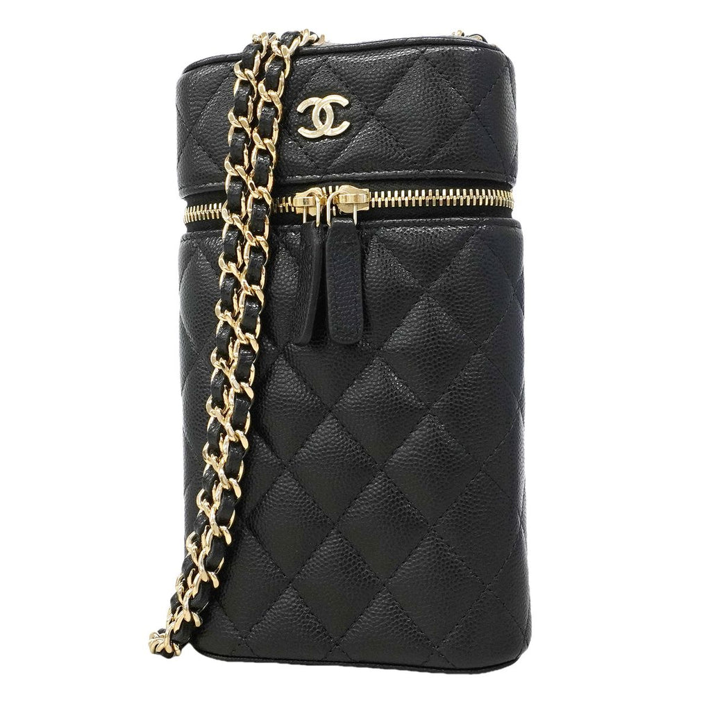 Chanel Shoulder Bag Quilted Caviar Leather Black Champagne Gold