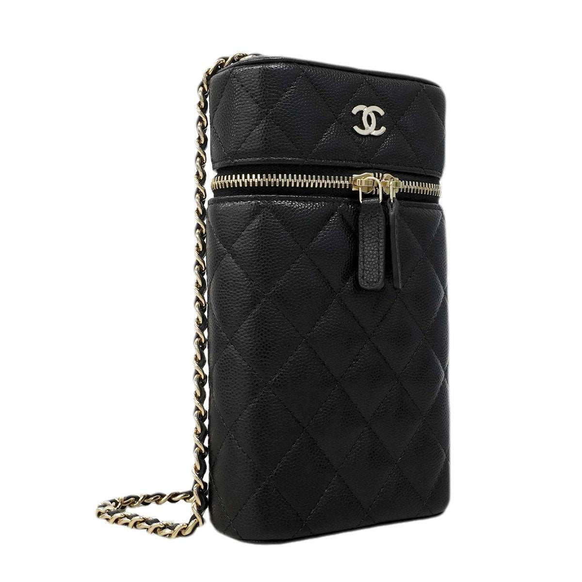 Chanel Shoulder Bag Quilted Caviar Leather Black Champagne Gold — view 2