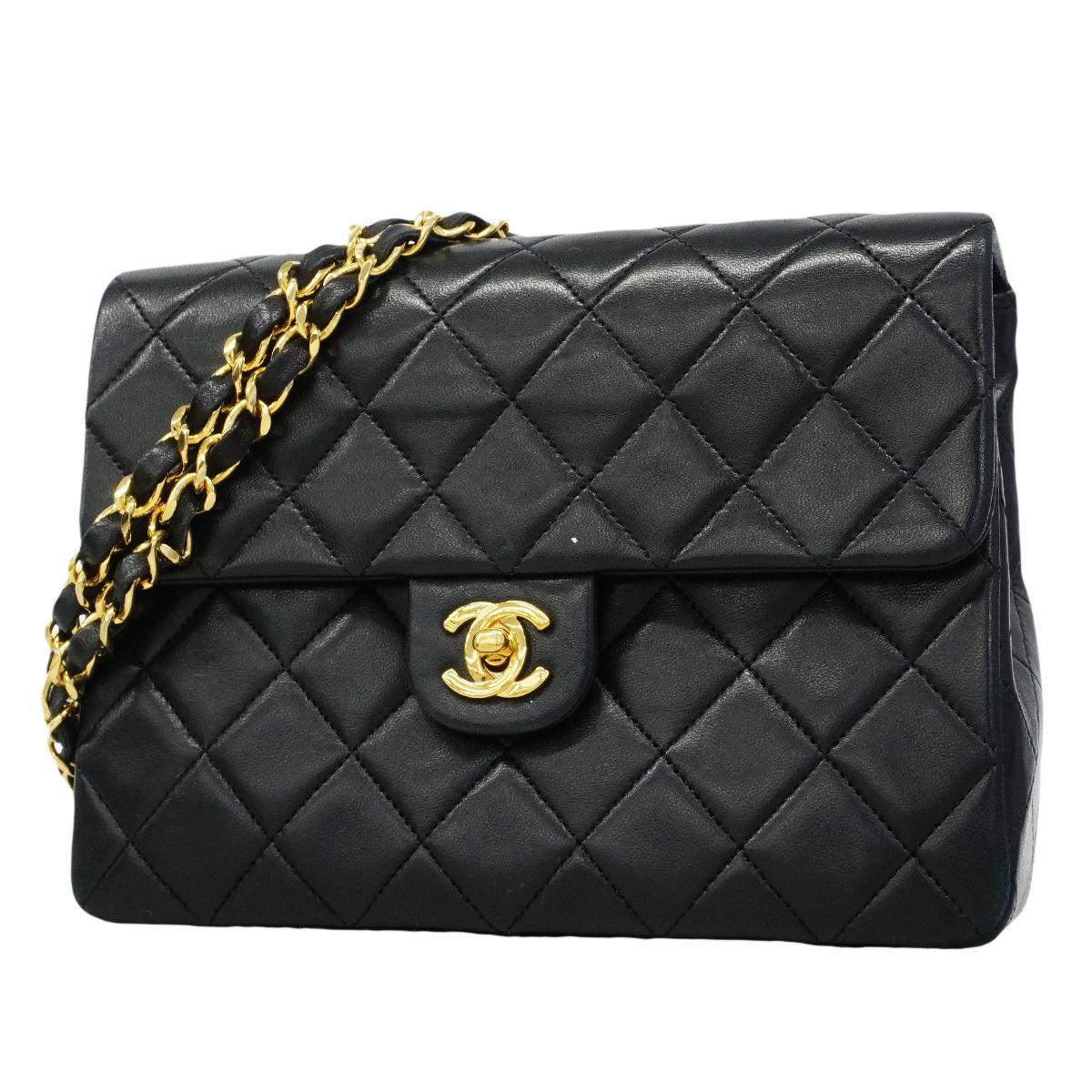 Chanel Shoulder Bag Mini Quilted Lambskin Black Gold