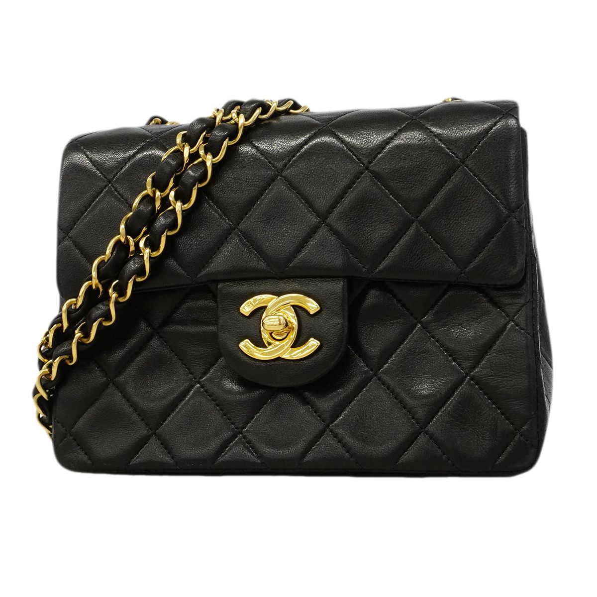 Chanel Shoulder Bag Mini Quilted Lambskin Black Gold