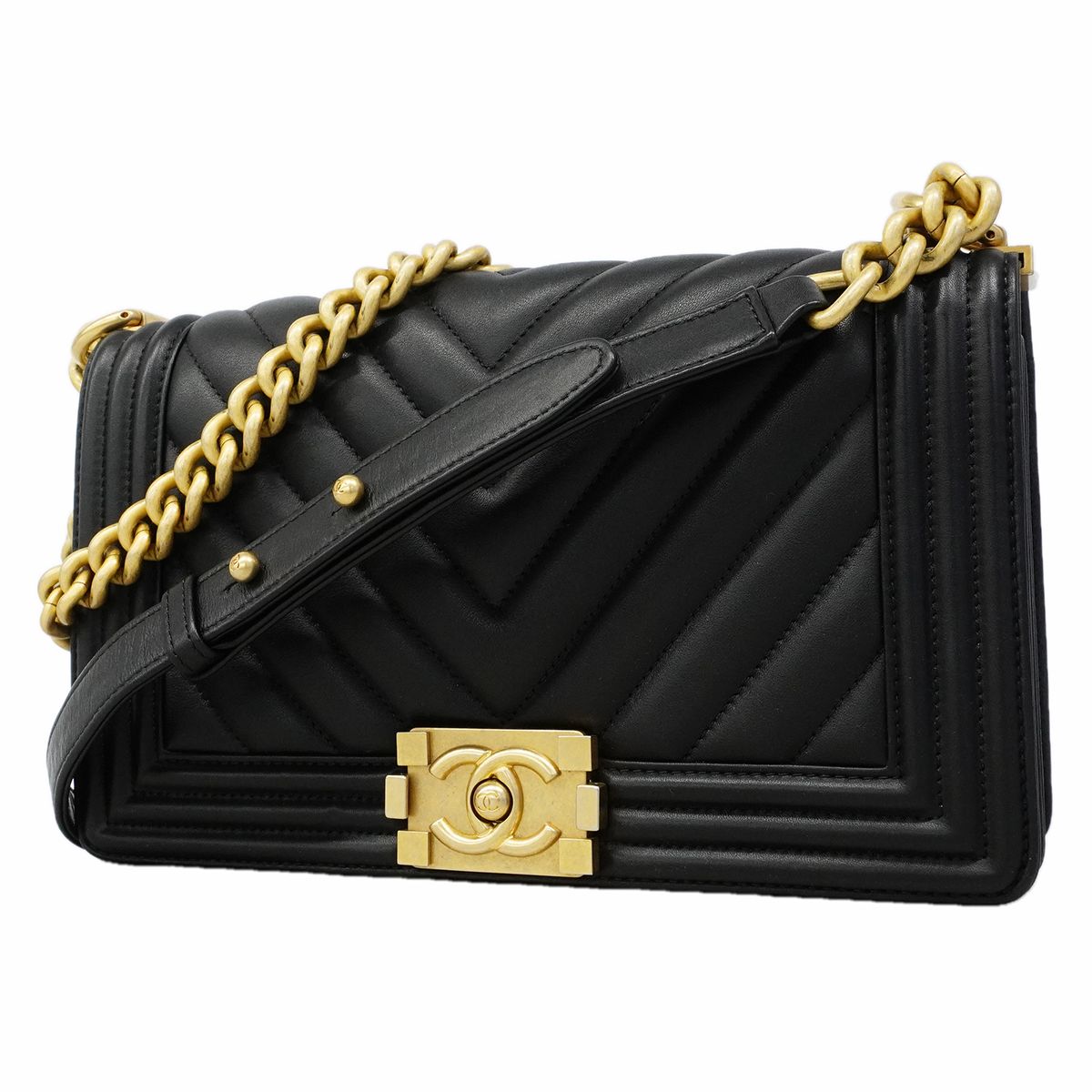 Chanel Shoulder Bag Boy Stitch Lambskin Black Gold