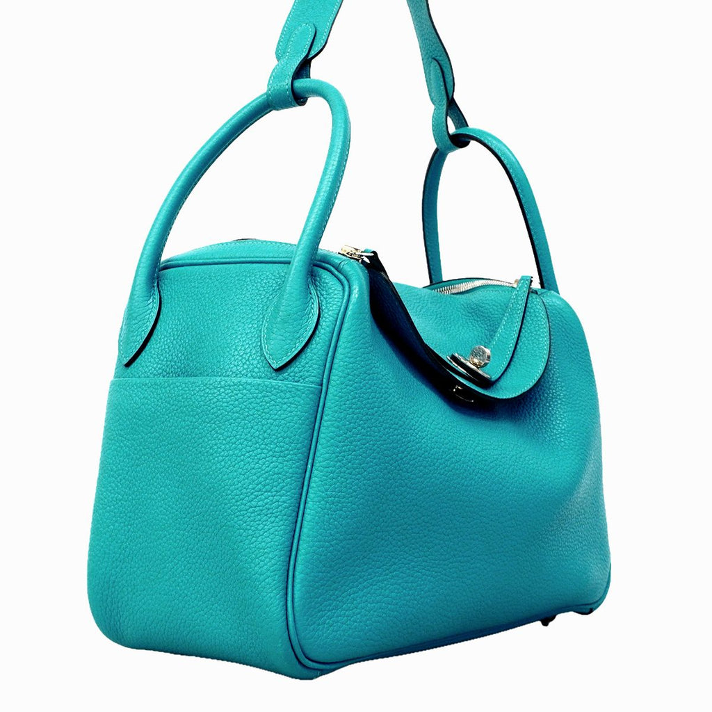 Hermes Handbag Lindy 30 Taurillon Clemence Turquoise Silver 2-Way — view 2
