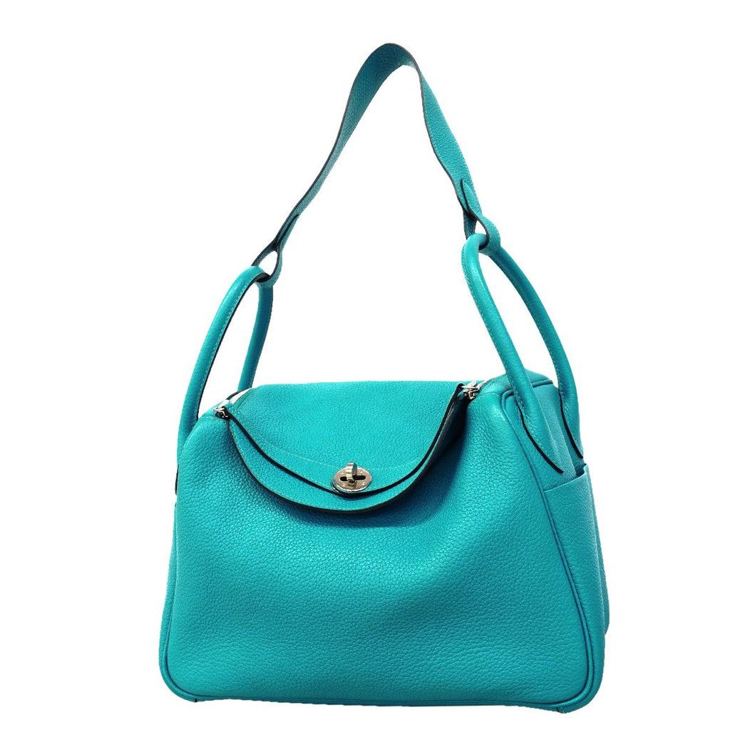 Hermes Handbag Lindy 30 Taurillon Clemence Turquoise Silver 2-Way