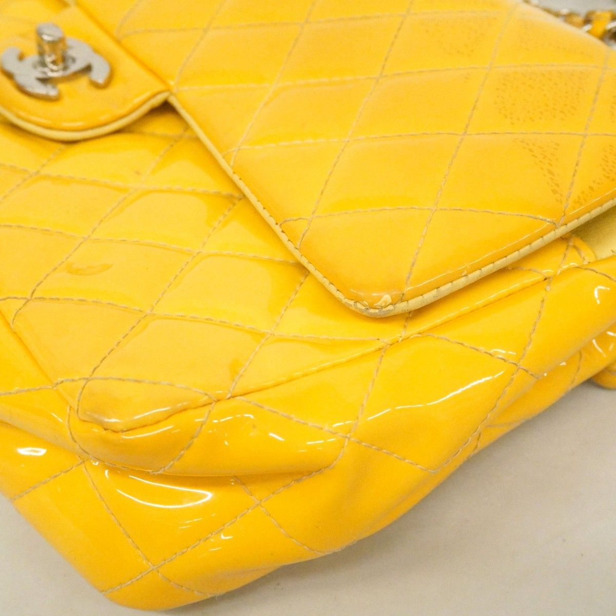 Chanel Shoulder Bag Quilted Patent Leather Yellow Silver — view 6