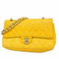Chanel Shoulder Bag Quilted Patent Leather Yellow Silver