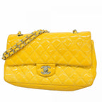 Chanel Shoulder Bag Quilted Patent Leather Yellow Silver