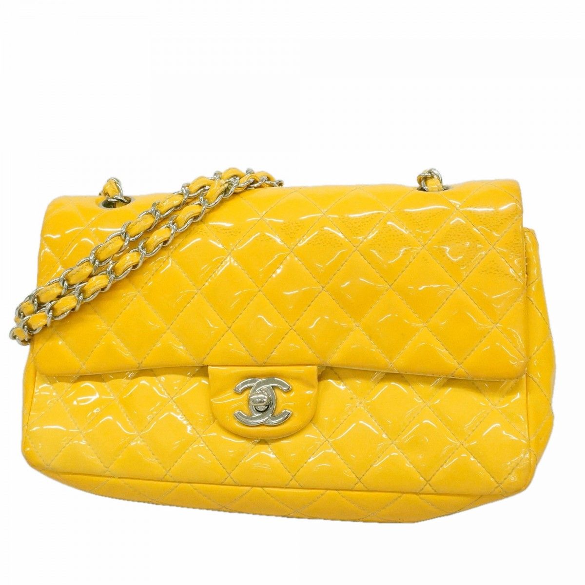 Chanel Shoulder Bag Quilted Patent Leather Yellow Silver