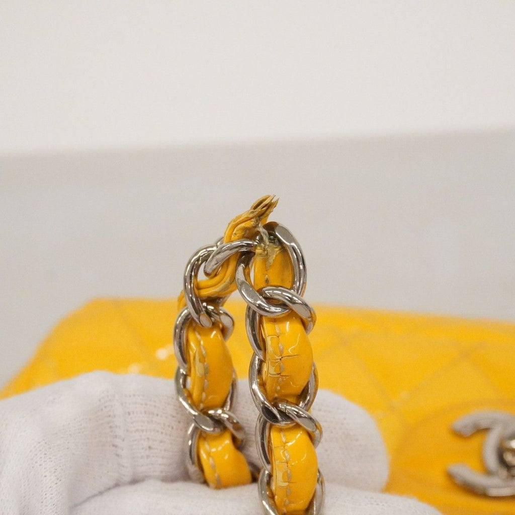 Chanel Shoulder Bag Quilted Patent Leather Yellow Silver — view 7
