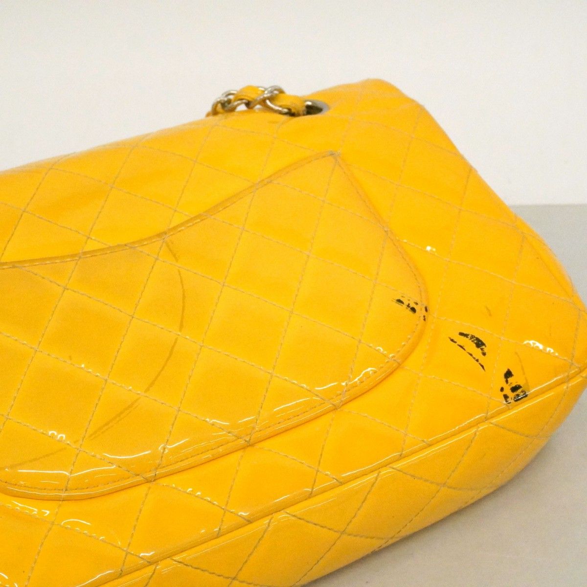 Chanel Shoulder Bag Quilted Patent Leather Yellow Silver — view 9