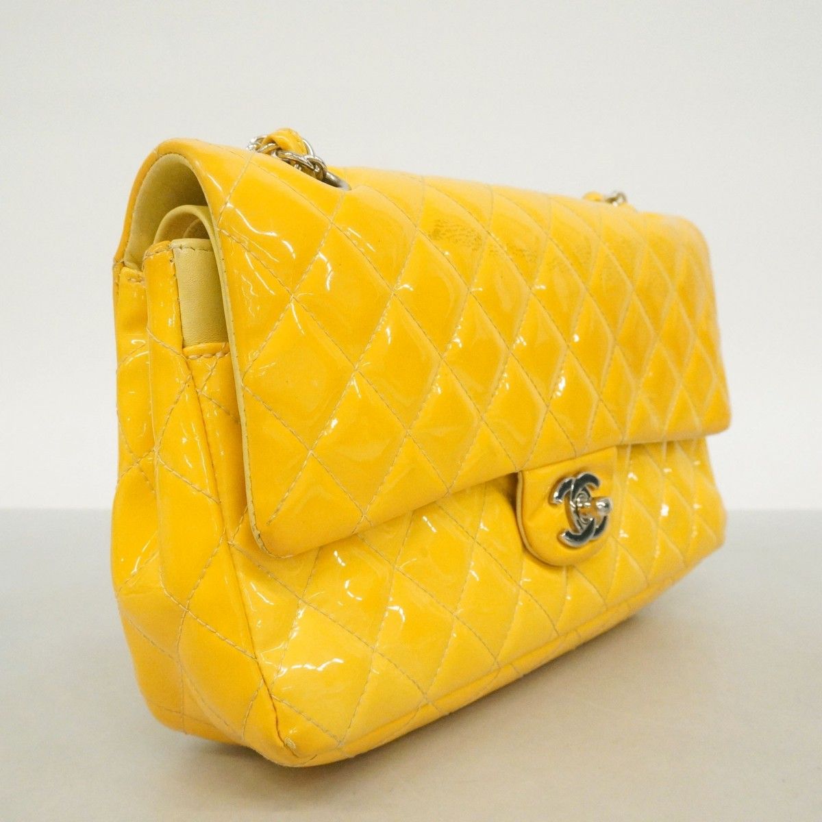 Chanel Shoulder Bag Quilted Patent Leather Yellow Silver — view 2