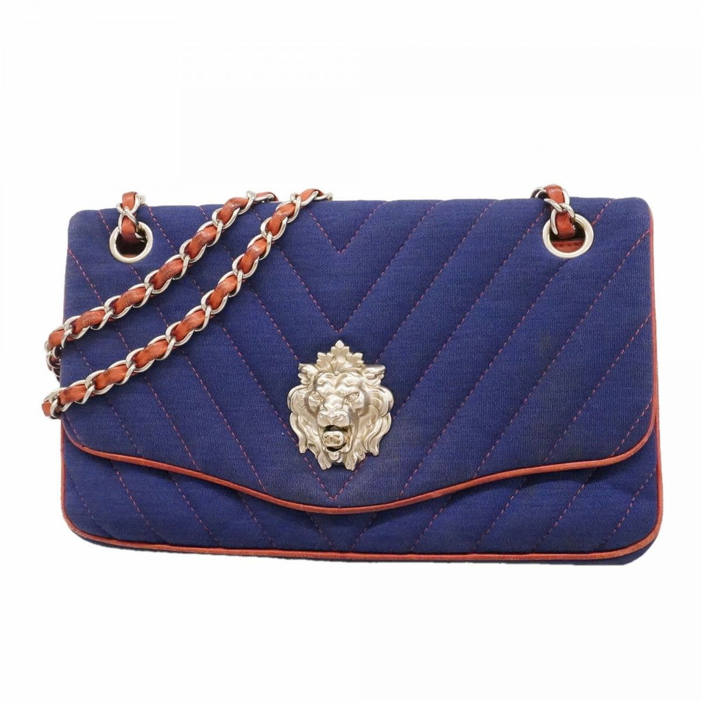 Chanel Shoulder Bag Stitch Canvas Navy Red Silver