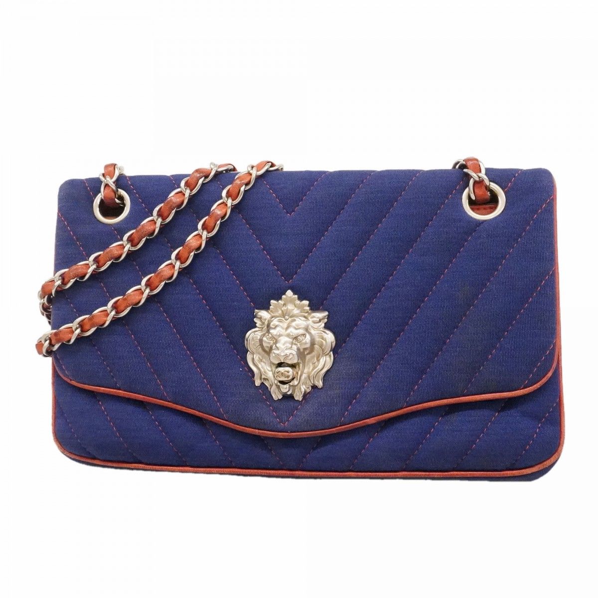 Chanel Shoulder Bag Stitch Canvas Navy Red Silver