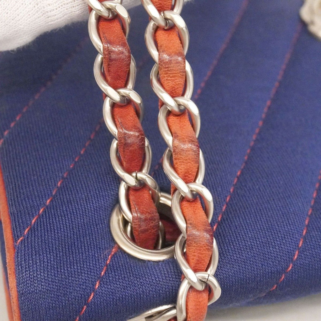 Chanel Shoulder Bag Stitch Canvas Navy Red Silver — view 8