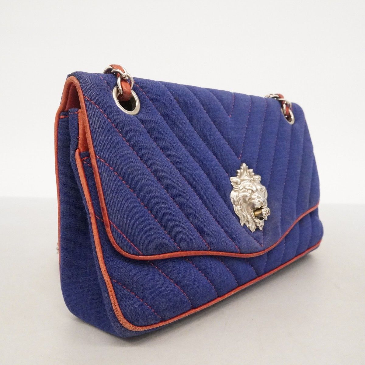 Chanel Shoulder Bag Stitch Canvas Navy Red Silver — view 2