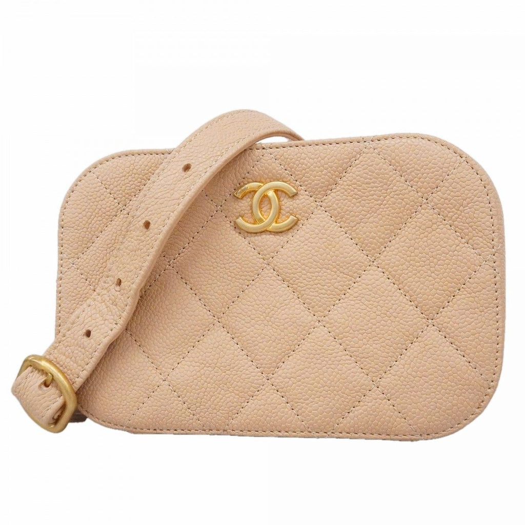 Chanel Shoulder Bag Quilted Caviar Leather Beige Gold