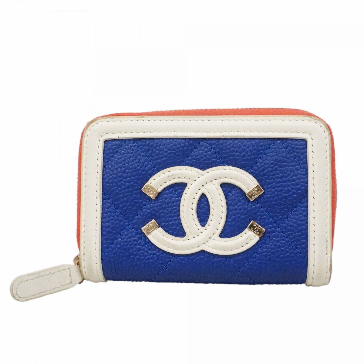 Chanel Coin Case CC Filigree Caviar Leather Blue White Red Gold