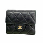 Chanel Trifold Wallet Quilted Lambskin Black Gold