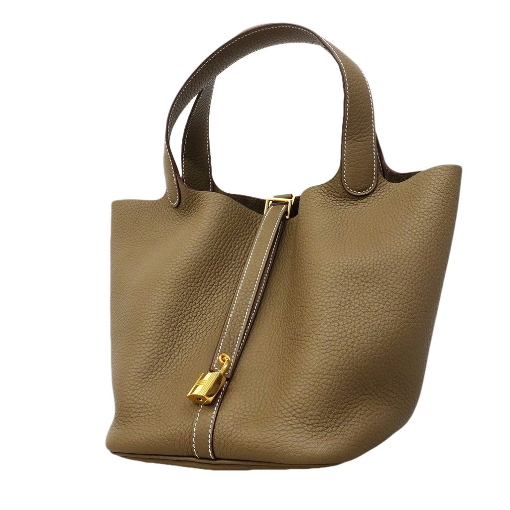 Hermes Handbag Picotin Lock MM Taurillon Clemence Etoupe Gold