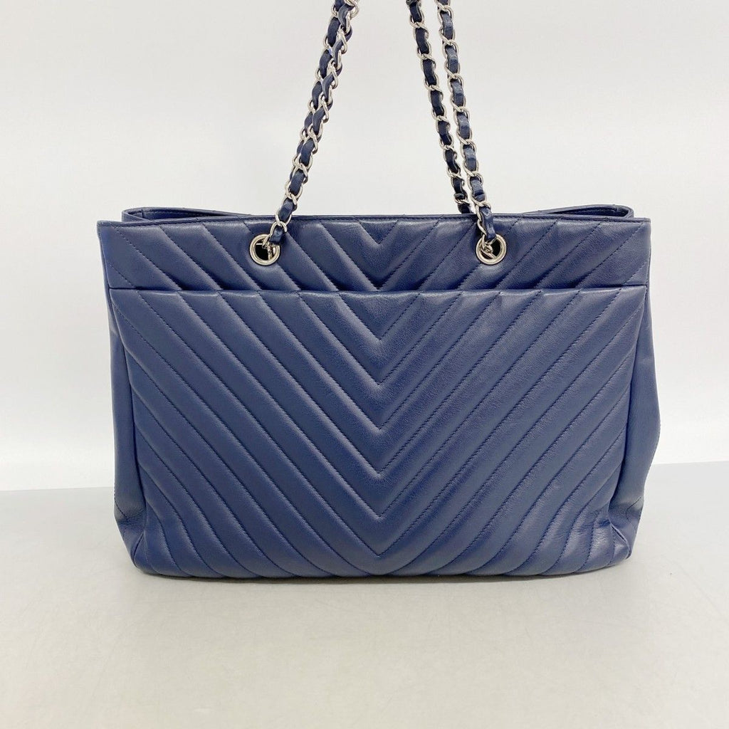Chanel Chain Tote Stitch Lambskin Navy Silver — view 9