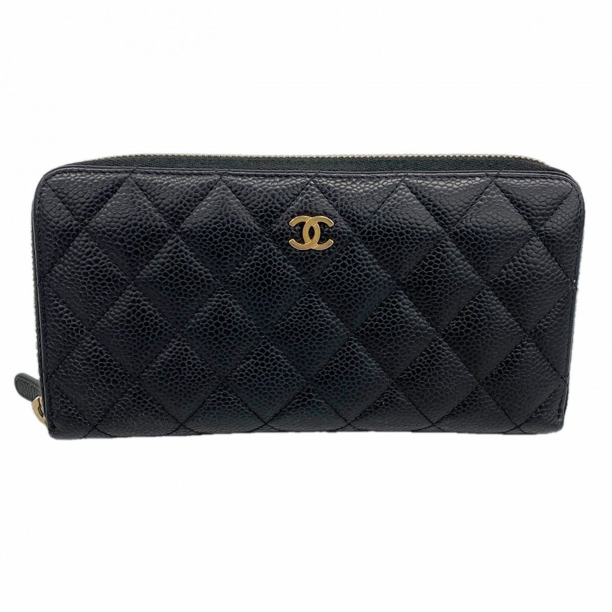 Chanel Wallet Quilted Caviar Leather Black Gold