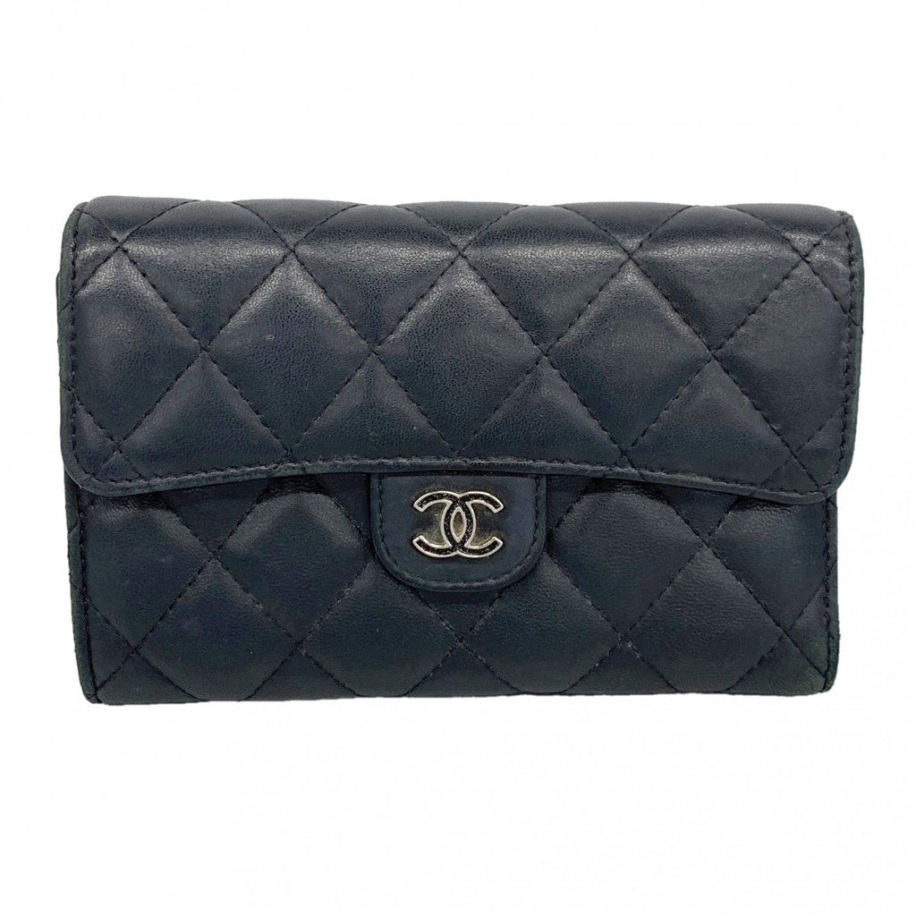 Chanel Trifold Wallet Quilted Lambskin Black Silver