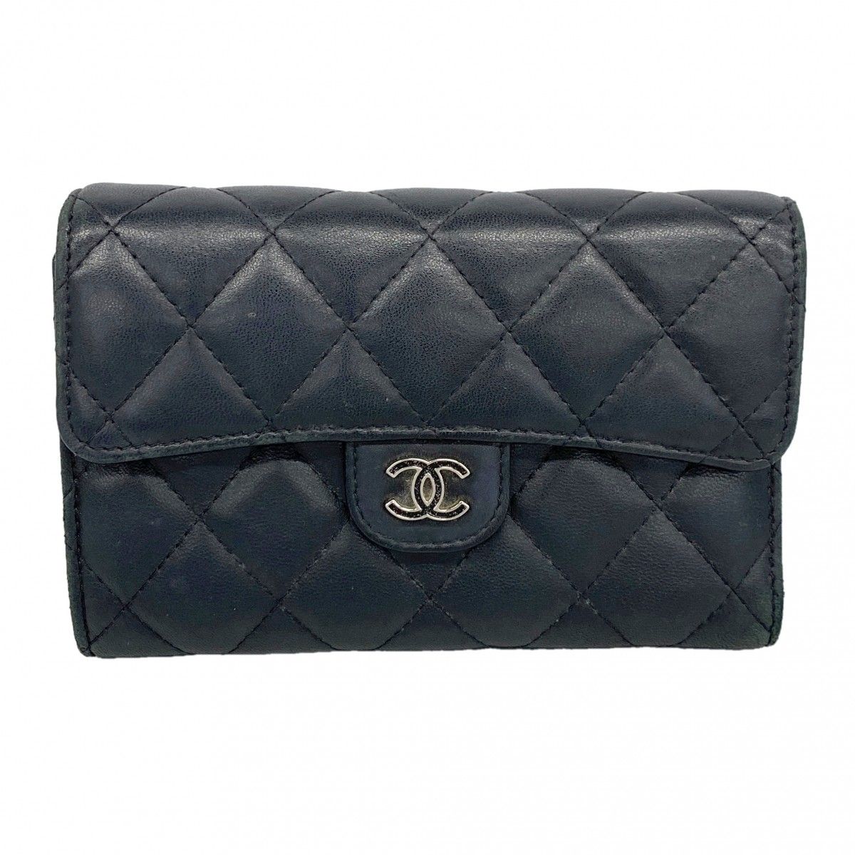Chanel Trifold Wallet Quilted Lambskin Black Silver