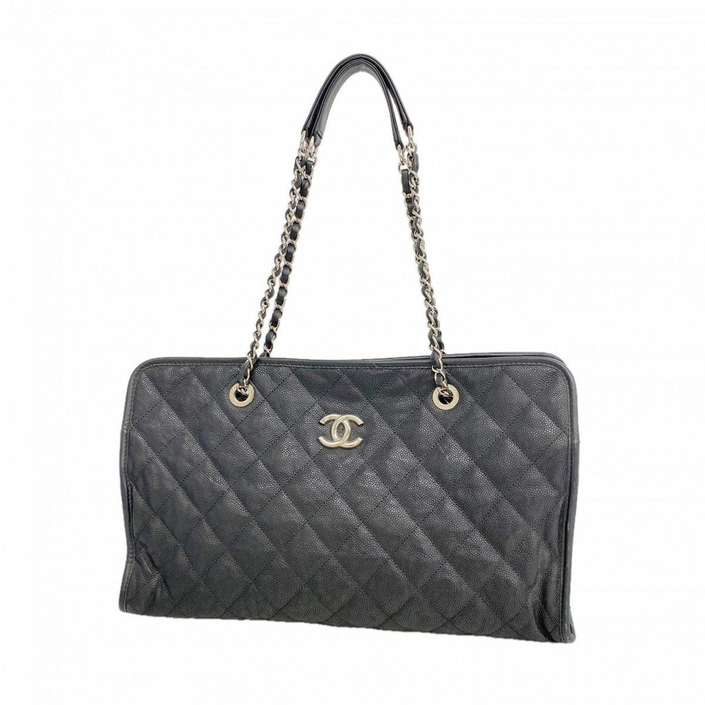 Chanel Chain Tote Quilted Caviar Leather Black Silver
