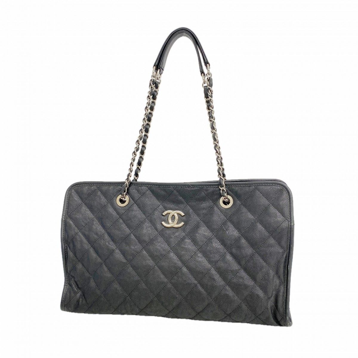 Chanel Chain Tote Quilted Caviar Leather Black Silver