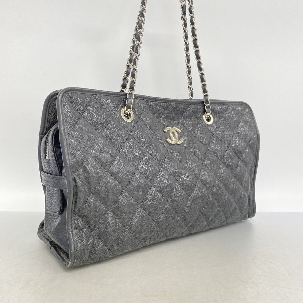 Chanel Chain Tote Quilted Caviar Leather Black Silver — view 2