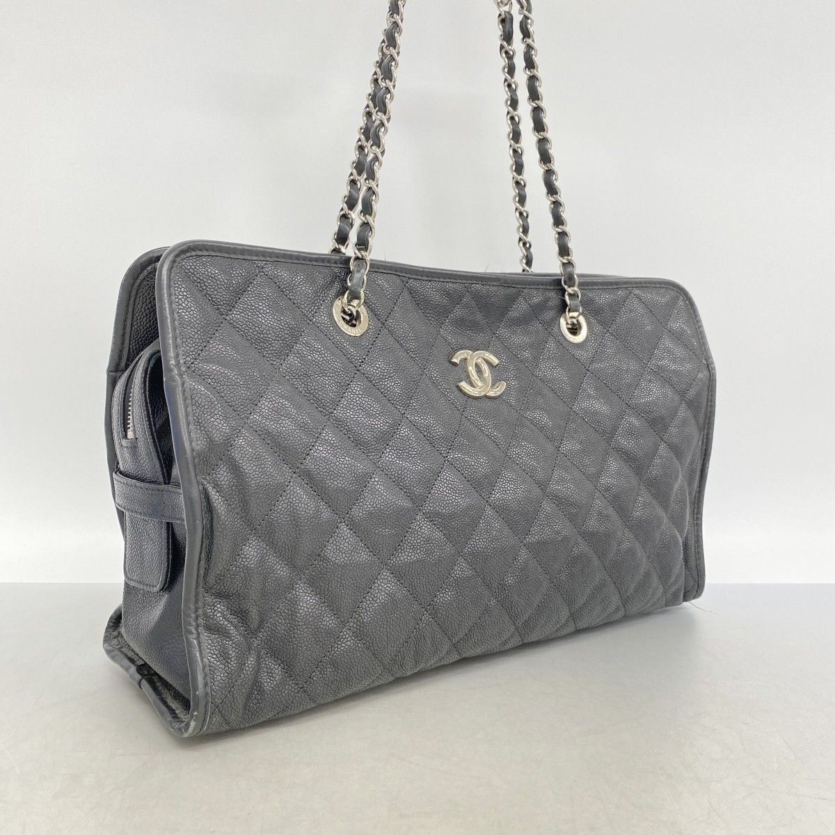 Chanel Chain Tote Quilted Caviar Leather Black Silver — view 2