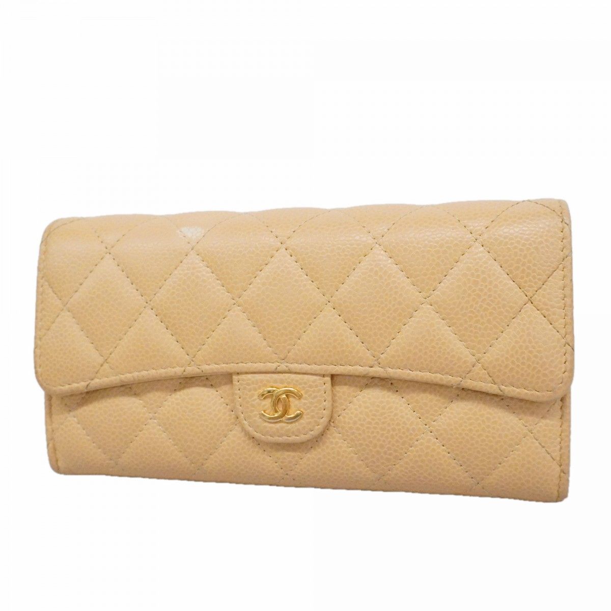 Chanel Wallet Quilted Caviar Leather Beige Gold