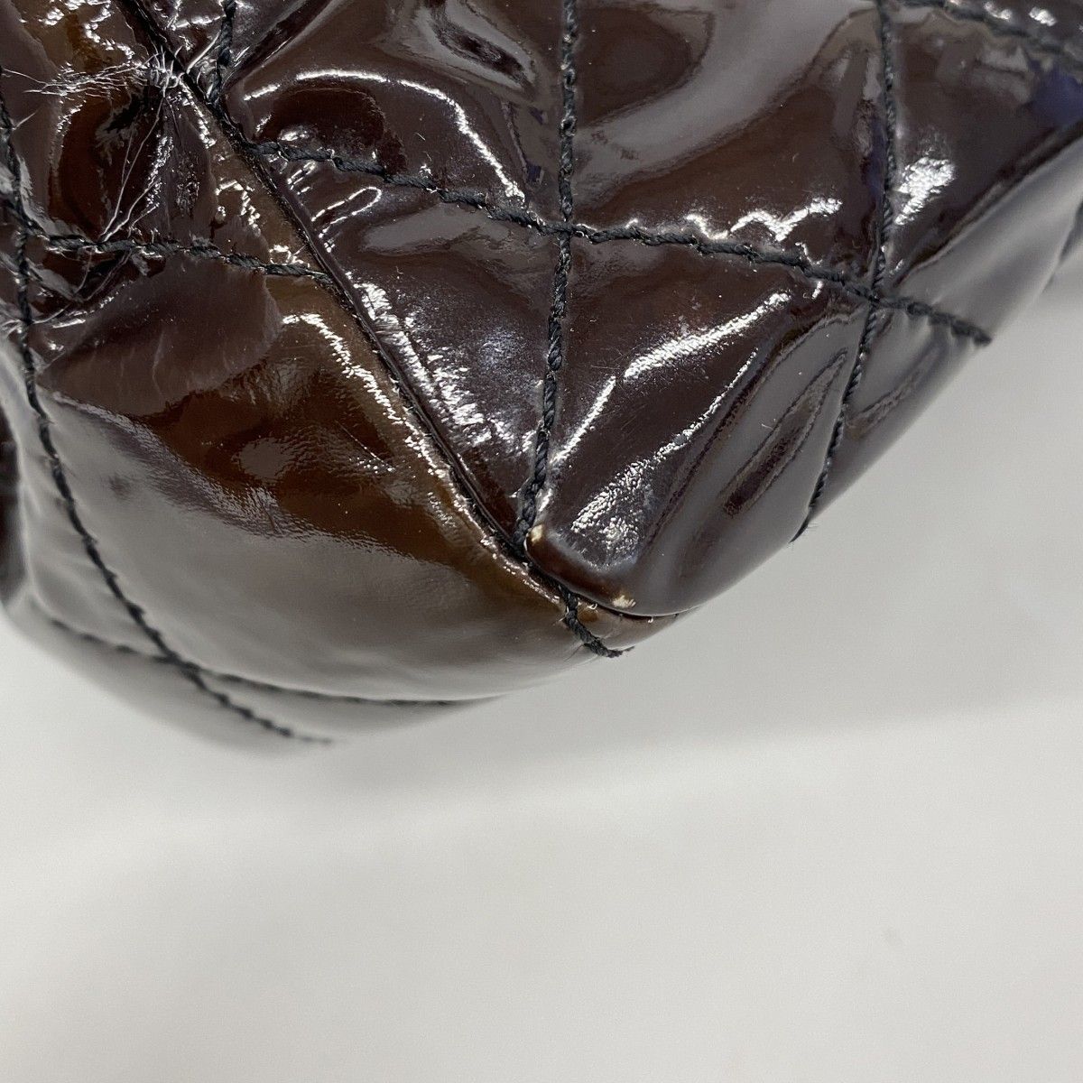 Chanel Chain Tote 2.55 Quilted Patent Leather Dark Brown Silver — view 7