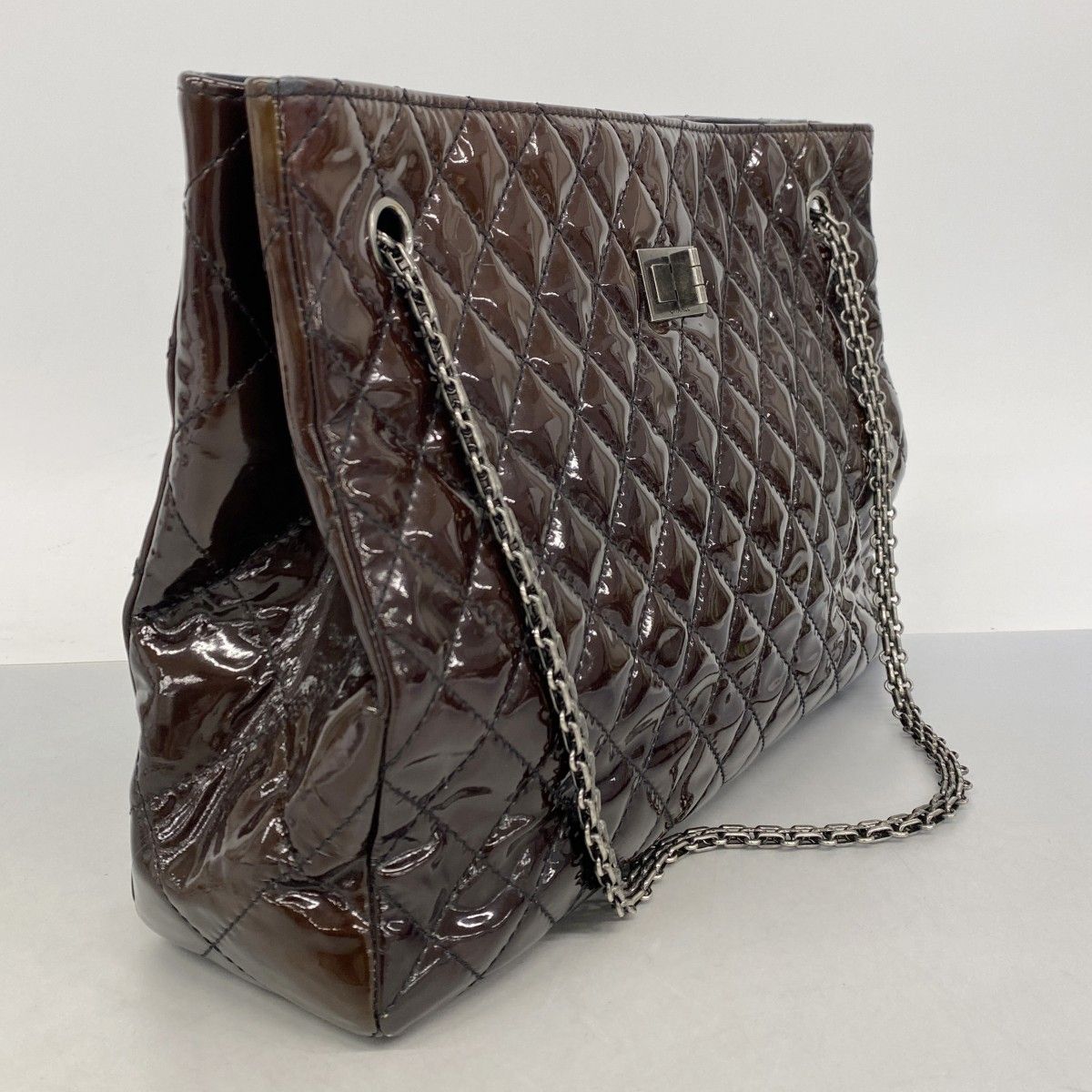 Chanel Chain Tote 2.55 Quilted Patent Leather Dark Brown Silver — view 2