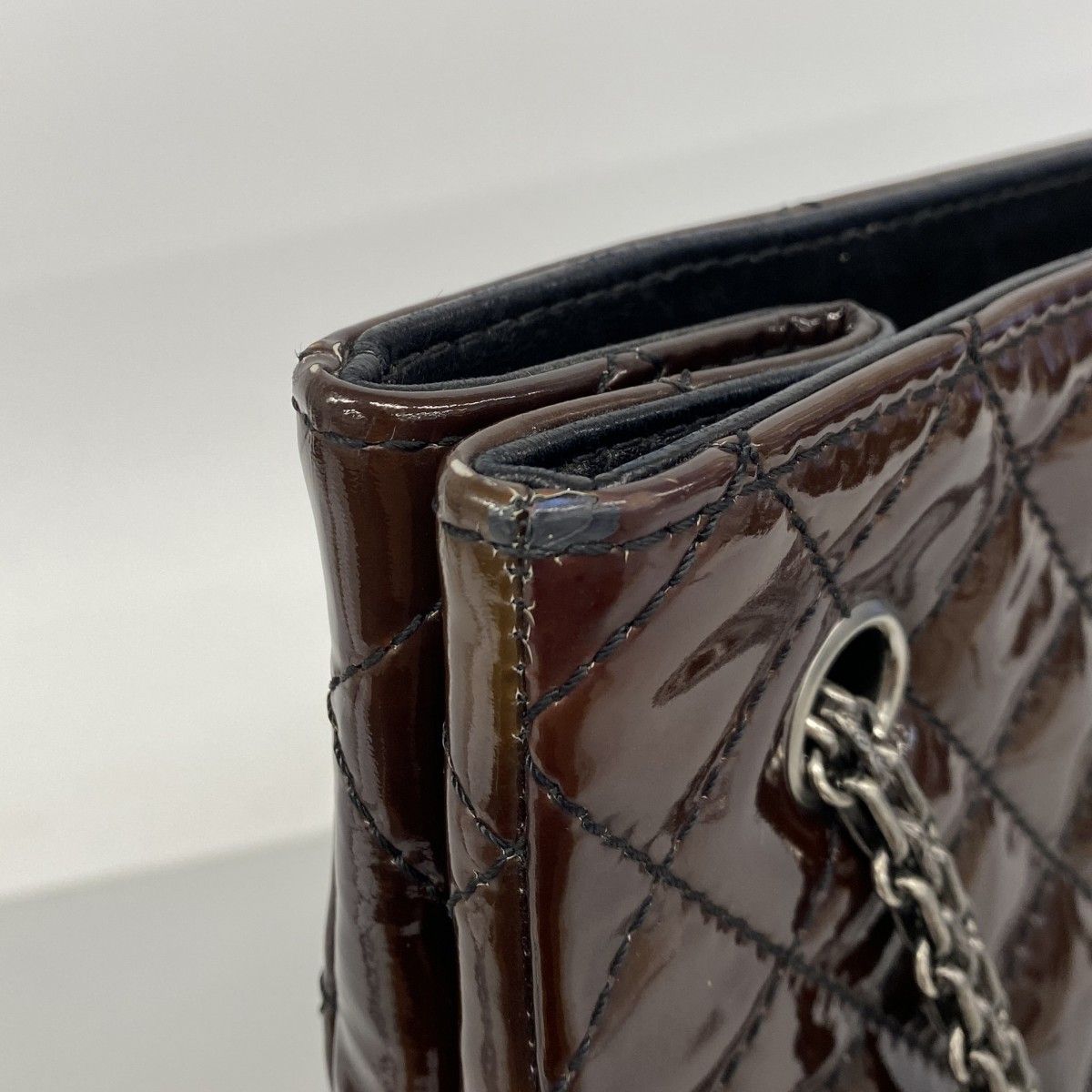 Chanel Chain Tote 2.55 Quilted Patent Leather Dark Brown Silver — view 6