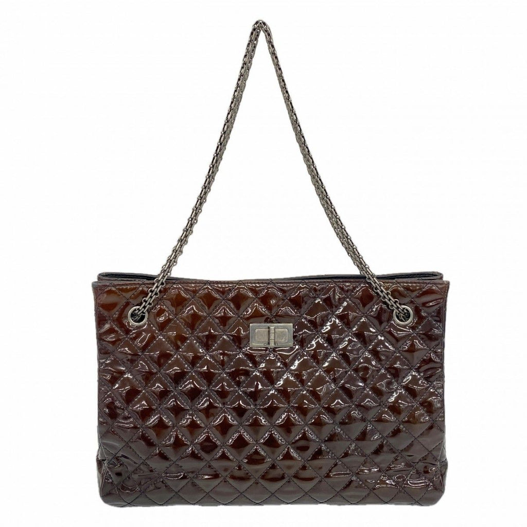 Chanel Chain Tote 2.55 Quilted Patent Leather Dark Brown Silver