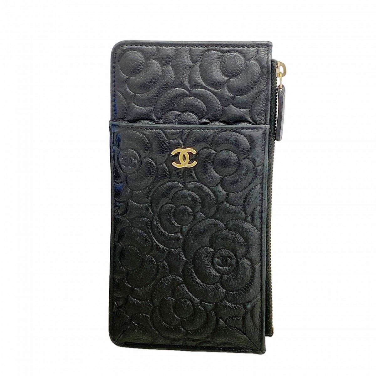 Chanel Wallet Camellia Caviar Leather Black Champagne Gold
