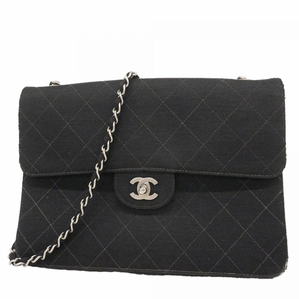 Chanel Shoulder Bag Quilted Cotton Black Silver