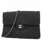 Chanel Shoulder Bag Quilted Cotton Black Silver