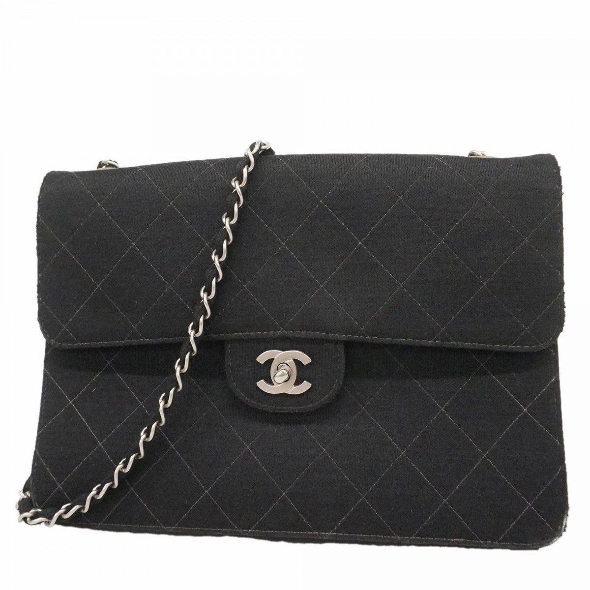 Chanel Shoulder Bag Quilted Cotton Black Silver