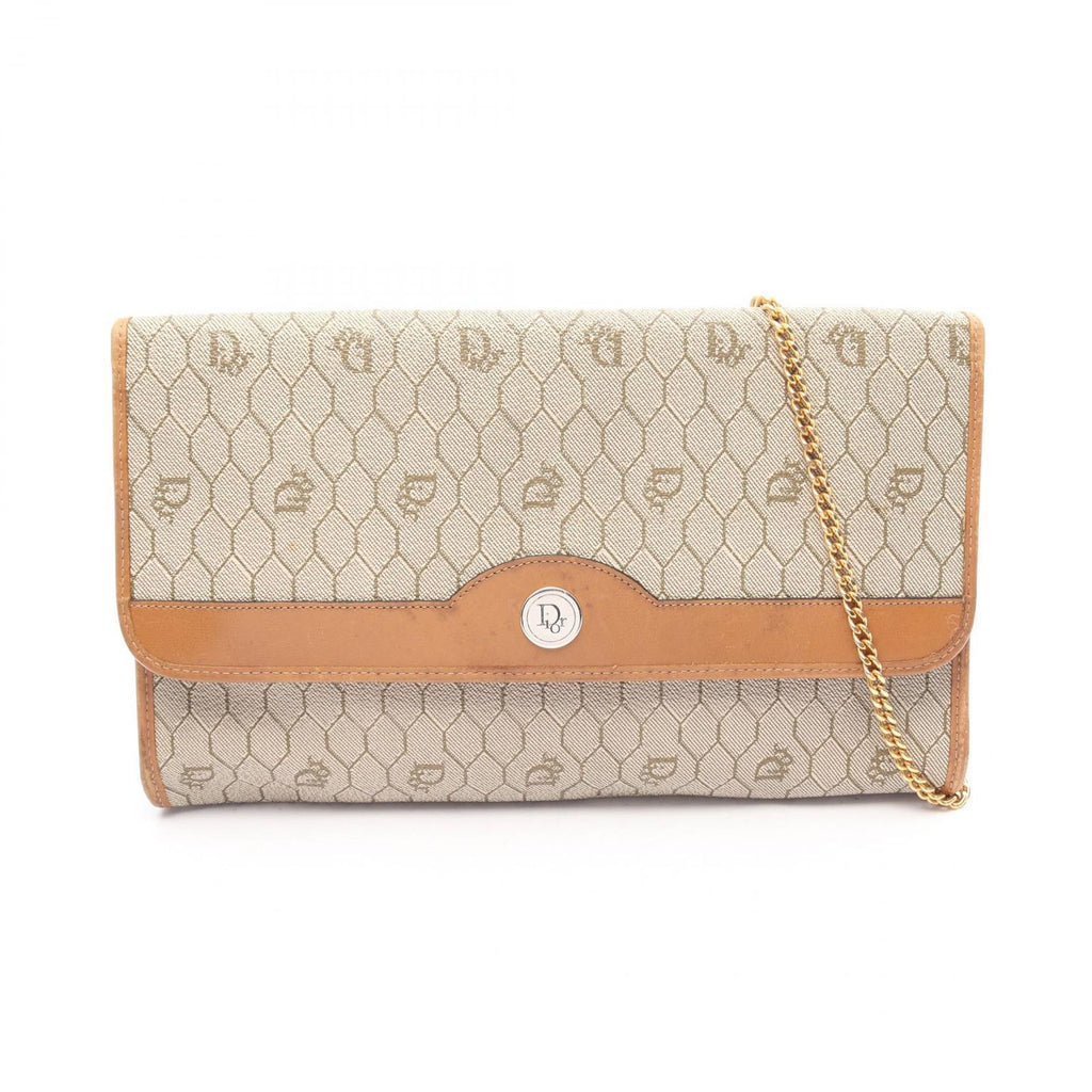 Dior Shoulder Bag Honeycomb Beige Brown Canvas Leather Pattern Chain