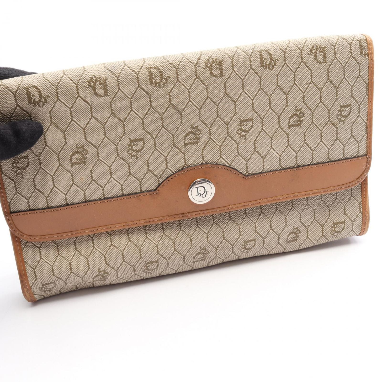 Dior Shoulder Bag Honeycomb Beige Brown Canvas Leather Pattern Chain — view 7