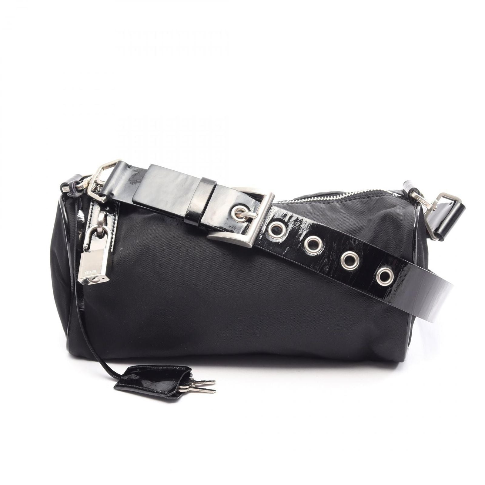 Prada Shoulder Bag Tessuto Saffiano Black Nylon Patent Triangle Logo