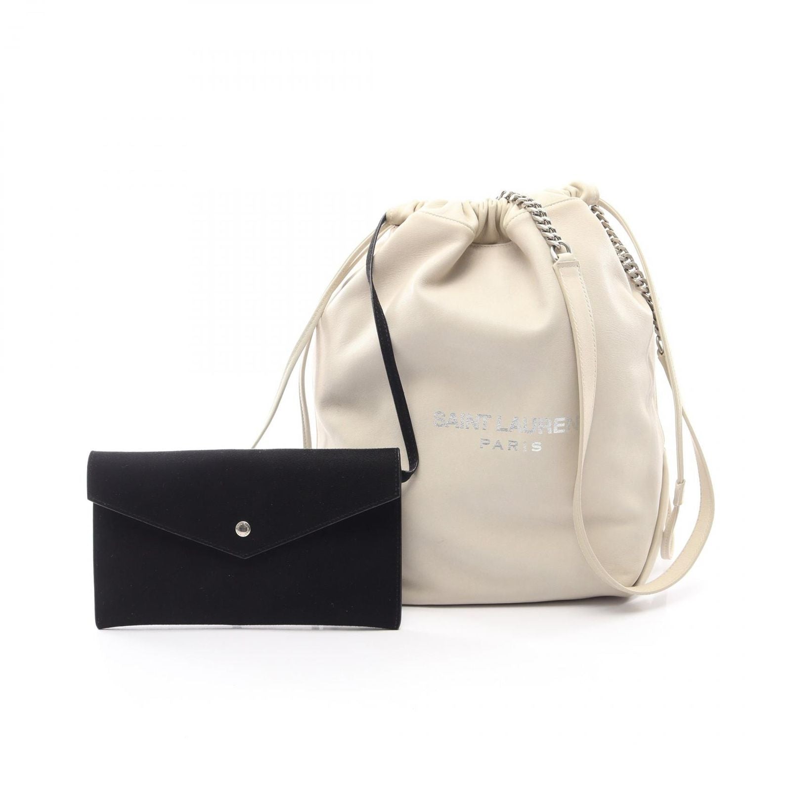 Saint Laurent Paris Shoulder Bag Teddy Drawstring Beige Leather