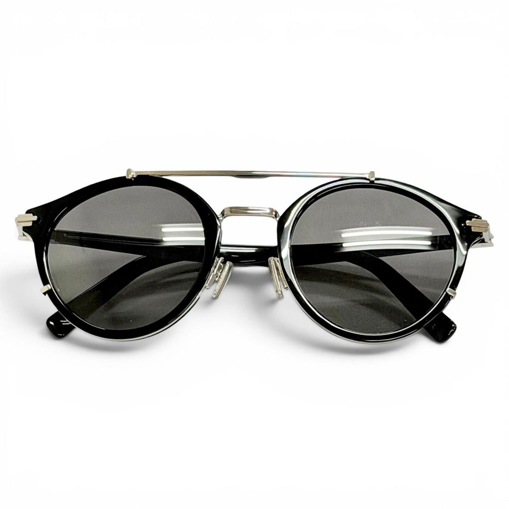 Dior Homme Blacksuit R7u Pantos Two Bridge Round Sunglasses Black Silver Eyewear