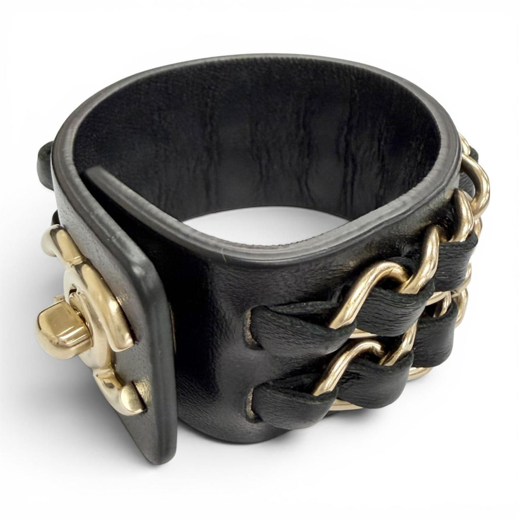 Chanel 18k CC Logo Turnlock Chain Leather Bracelet Black Gold — view 3
