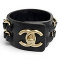 Chanel 18k CC Logo Turnlock Chain Leather Bracelet Black Gold
