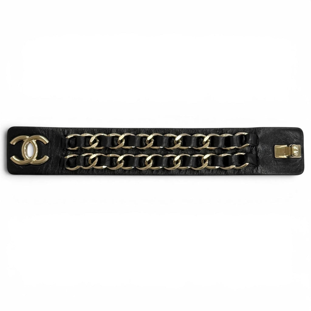 Chanel 18k CC Logo Turnlock Chain Leather Bracelet Black Gold — view 5