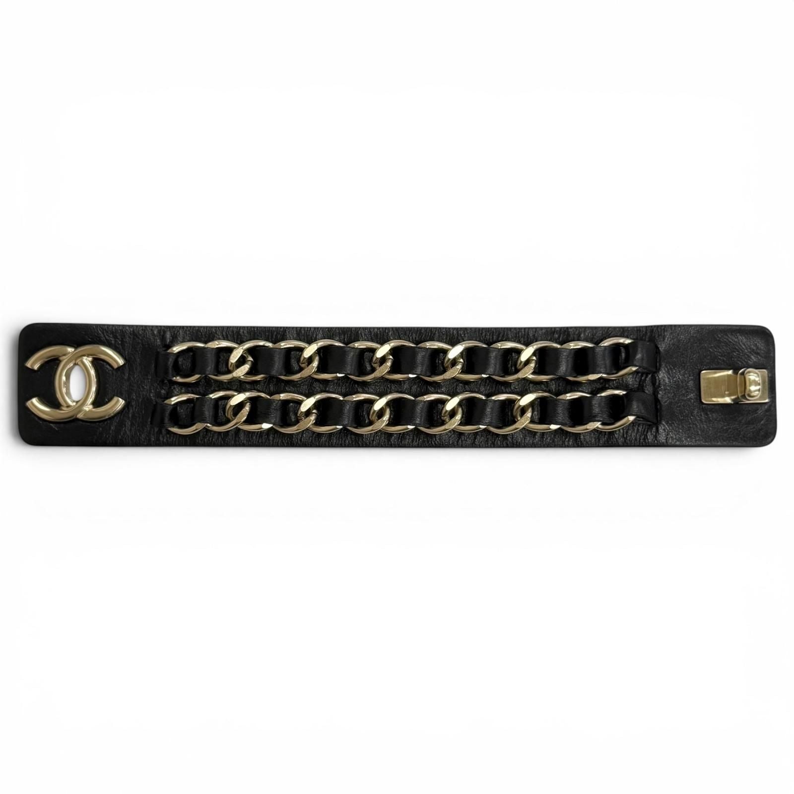 Chanel 18k CC Logo Turnlock Chain Leather Bracelet Black Gold — view 5